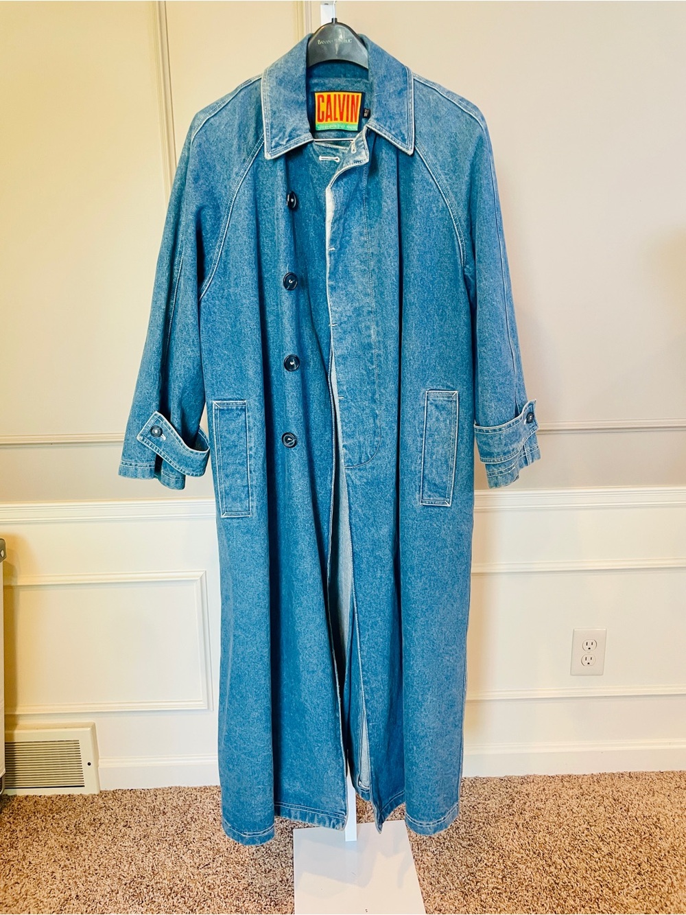 Vintage RARE Calvin Klein 80s Denim Jean Maxi Duster Trench Coat Jacket One Size